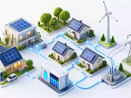 Isometrische 3D-Render-Darstellung eines miniaturisierten Smart-Grid-Modells mit Häusern, Solaranlagen, einer Windturbine, Batteriespeichern und leuchtend blauen Energiefluss-Leitungen. Die technisch-spielzeughafte Ästhetik veranschaulicht die dezentrale Vernetzung moderner Energiesysteme, wie sie E.ON SE (ISIN DE000ENAG999) als Netzbetreiber gestaltet - Foto: THN