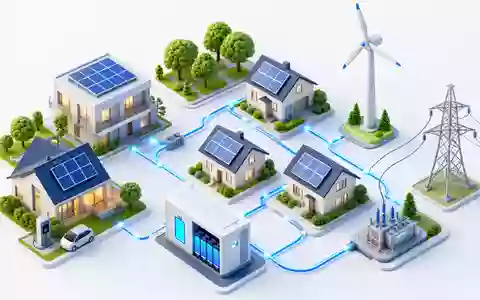 Isometrische 3D-Render-Darstellung eines miniaturisierten Smart-Grid-Modells mit Häusern, Solaranlagen, einer Windturbine, Batteriespeichern und leuchtend blauen Energiefluss-Leitungen. Die technisch-spielzeughafte Ästhetik veranschaulicht die dezentrale Vernetzung moderner Energiesysteme, wie sie E.ON SE (ISIN DE000ENAG999) als Netzbetreiber gestaltet - Foto: THN