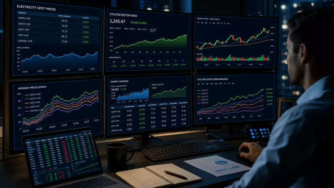 Trader an Mehrfachmonitor-Setup mit Strompreis- und Utilities-Indexcharts