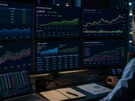 Redaktionelles Bild eines Händlers vor mehreren Monitoren mit Stromspotpreischarts, Utilities-Sektorindizes und Candlestick-Grafiken. Dunkle Trading-Desk-Atmosphäre mit blau-grünem Bildschirmglow und fiktiven Kursdaten in €/MWh. Dieses Bild steht für die Bewertung und Börsenrelevanz der E.ON SE (ISIN DE000ENAG999) als börsennotierter Energieversorger - Foto: THN