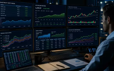 Redaktionelles Bild eines Händlers vor mehreren Monitoren mit Stromspotpreischarts, Utilities-Sektorindizes und Candlestick-Grafiken. Dunkle Trading-Desk-Atmosphäre mit blau-grünem Bildschirmglow und fiktiven Kursdaten in €/MWh. Dieses Bild steht für die Bewertung und Börsenrelevanz der E.ON SE (ISIN DE000ENAG999) als börsennotierter Energieversorger - Foto: THN