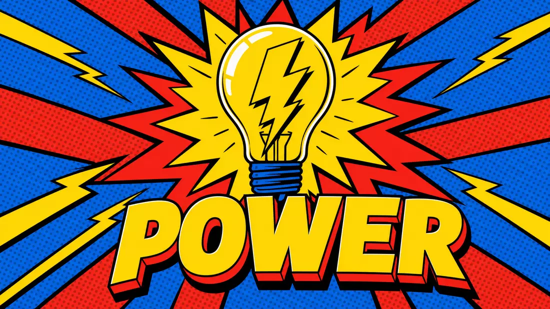 Pop-Art-Glühbirne mit Blitzsymbol und Aufschrift POWER auf blauem Hintergrund