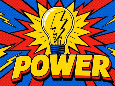 Kraftvolles Pop-Art-Poster mit einer stilisierten gelben Glühbirne und einem Blitzsymbol im Inneren, umrahmt von strahlenden Energiestrahlen in Rot und Gelb vor einem blauen Rastergrund. Der große Schriftzug POWER unterstreicht die Energie und Dynamik. Dieses expressive Motiv steht für die Stromkompetenz und Marktpräsenz der E.ON SE (ISIN DE000ENAG999) als Energieversorger - Foto: THN