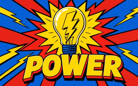 Kraftvolles Pop-Art-Poster mit einer stilisierten gelben Glühbirne und einem Blitzsymbol im Inneren, umrahmt von strahlenden Energiestrahlen in Rot und Gelb vor einem blauen Rastergrund. Der große Schriftzug POWER unterstreicht die Energie und Dynamik. Dieses expressive Motiv steht für die Stromkompetenz und Marktpräsenz der E.ON SE (ISIN DE000ENAG999) als Energieversorger - Foto: THN
