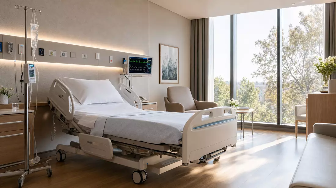 Fresenius SE – Fotorealistisch: Modernes Krankenhauszimmer mit Patientenmonitor bei Tageslicht
