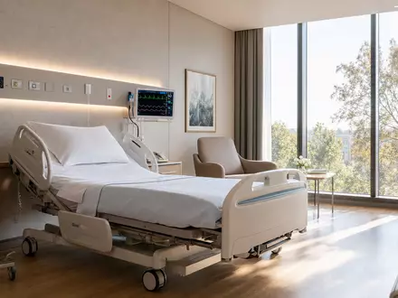Fresenius SE & Co. KGaA (ISIN DE0005785604) ist ein internationaler Gesundheitskonzern mit Sitz in Bad Homburg. Das Unternehmen betreibt Krankenhäuser und entwickelt Arzneimittel und Infusionslösungen. Dieses Bild zeigt: Modernes Krankenhauszimmer mit Patientenmonitor bei Tageslicht - Foto: THN