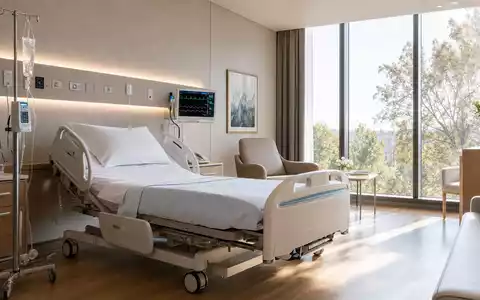 Fresenius SE & Co. KGaA (ISIN DE0005785604) ist ein internationaler Gesundheitskonzern mit Sitz in Bad Homburg. Das Unternehmen betreibt Krankenhäuser und entwickelt Arzneimittel und Infusionslösungen. Dieses Bild zeigt: Modernes Krankenhauszimmer mit Patientenmonitor bei Tageslicht - Foto: THN