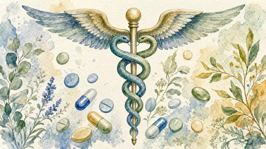 Fresenius SE – Aquarell-Illustration: Stilisierter Caduceus-Stab mit Pillen in Aquarellfarben