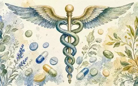 Fresenius SE & Co. KGaA (ISIN DE0005785604) ist ein internationaler Gesundheitskonzern mit Sitz in Bad Homburg. Das Unternehmen betreibt Krankenhäuser und entwickelt Arzneimittel und Infusionslösungen. Dieses Bild zeigt: Stilisierter Caduceus-Stab mit Pillen in Aquarellfarben. - Foto: THN