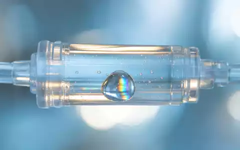 Fresenius SE & Co. KGaA (ISIN DE0005785604) ist ein internationaler Gesundheitskonzern mit Sitz in Bad Homburg. Das Unternehmen betreibt Krankenhäuser und entwickelt Arzneimittel und Infusionslösungen. Dieses Bild zeigt: Detail Infusionstropfen in Schlauch mit Lichtbrechung. - Foto: THN