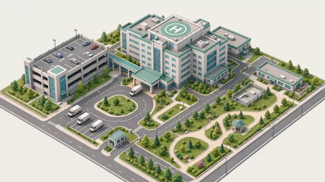 Fresenius SE – Isometrischer 3D-Render: Miniatur-Klinikcampus mit Hauptgebäude, Hubschrauberlandeplatz, Parkplatz