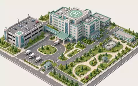 Fresenius SE & Co. KGaA (ISIN DE0005785604) ist ein internationaler Gesundheitskonzern mit Sitz in Bad Homburg. Das Unternehmen betreibt Krankenhäuser und entwickelt Arzneimittel und Infusionslösungen. Dieses Bild zeigt: Miniatur-Klinikcampus mit Hauptgebäude, Hubschrauberlandeplatz, Parkplatz - Foto: THN