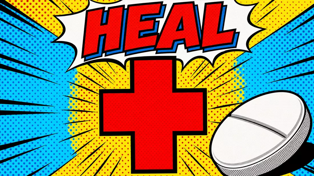 Fresenius SE – Pop-Art-Comic: Stilisiertes medizinisches Kreuz mit Pille, Aufschrift HEAL