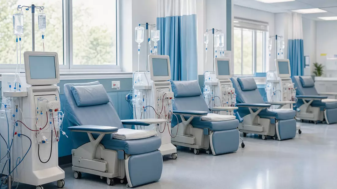 Moderner Dialyseraum mit Hämodialysegeräten und Patientenliegen bei Tageslicht