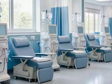 Ein fotorealistisches Bild eines modernen Dialyseraums mit mehreren Hämodialysegeräten und Patientenliegen in Reihe, ruhigem Tageslicht durch große Fenster – typisch für die Behandlungszentren von Fresenius Medical Care AG (ISIN DE0005785802) - Foto: THN