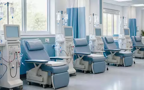 Ein fotorealistisches Bild eines modernen Dialyseraums mit mehreren Hämodialysegeräten und Patientenliegen in Reihe, ruhigem Tageslicht durch große Fenster – typisch für die Behandlungszentren von Fresenius Medical Care AG (ISIN DE0005785802) - Foto: THN