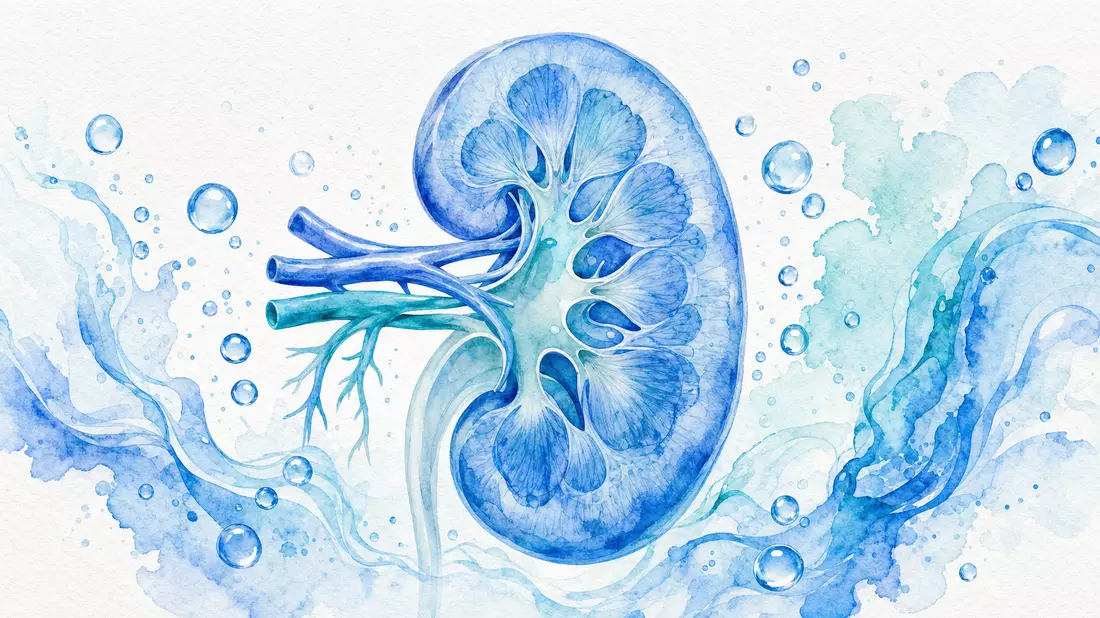 Aquarell-Illustration einer stilisierten Niere mit Wassertropfen in Blau- und Türkistönen