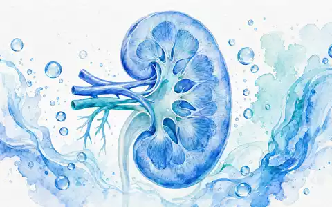 Eine zarte Aquarell-Illustration einer stilisierten menschlichen Niere mit Wassertropfen in Blau- und Türkistönen – symbolisch für die Kernkompetenz der Fresenius Medical Care AG (ISIN DE0005785802) in der Nierenersatztherapie - Foto: THN