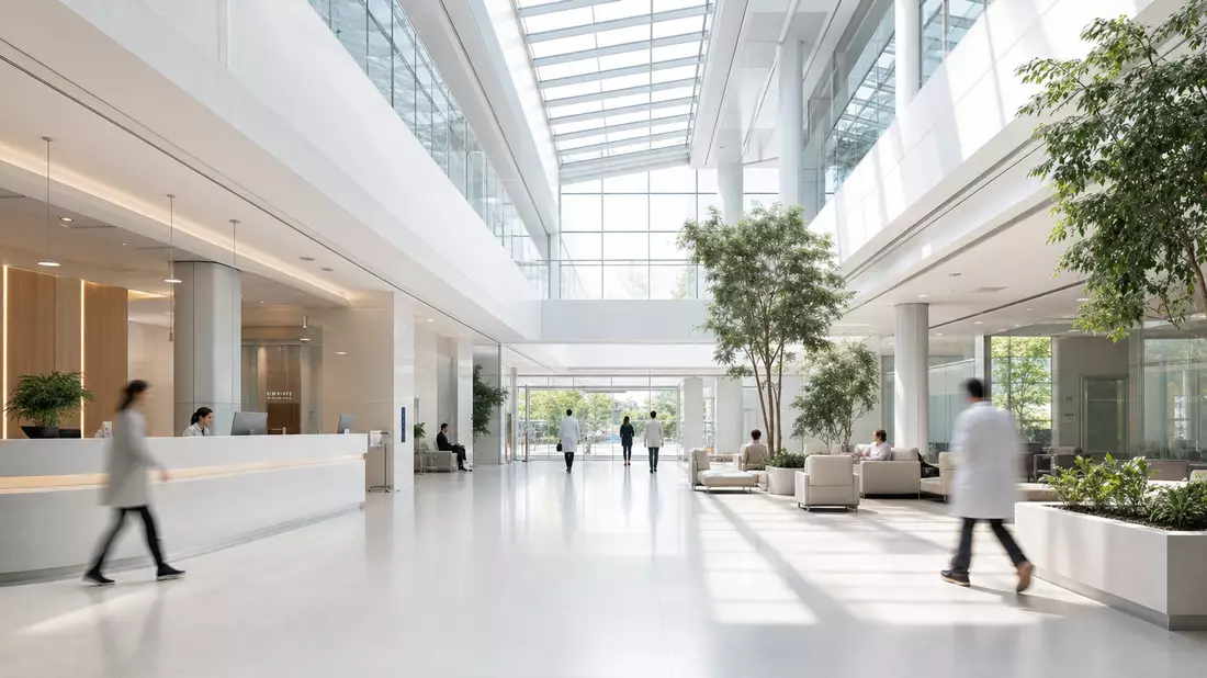 Modernes Klinik-Atrium mit Glasdach, hellem Eingangsbereich und Pflanzen