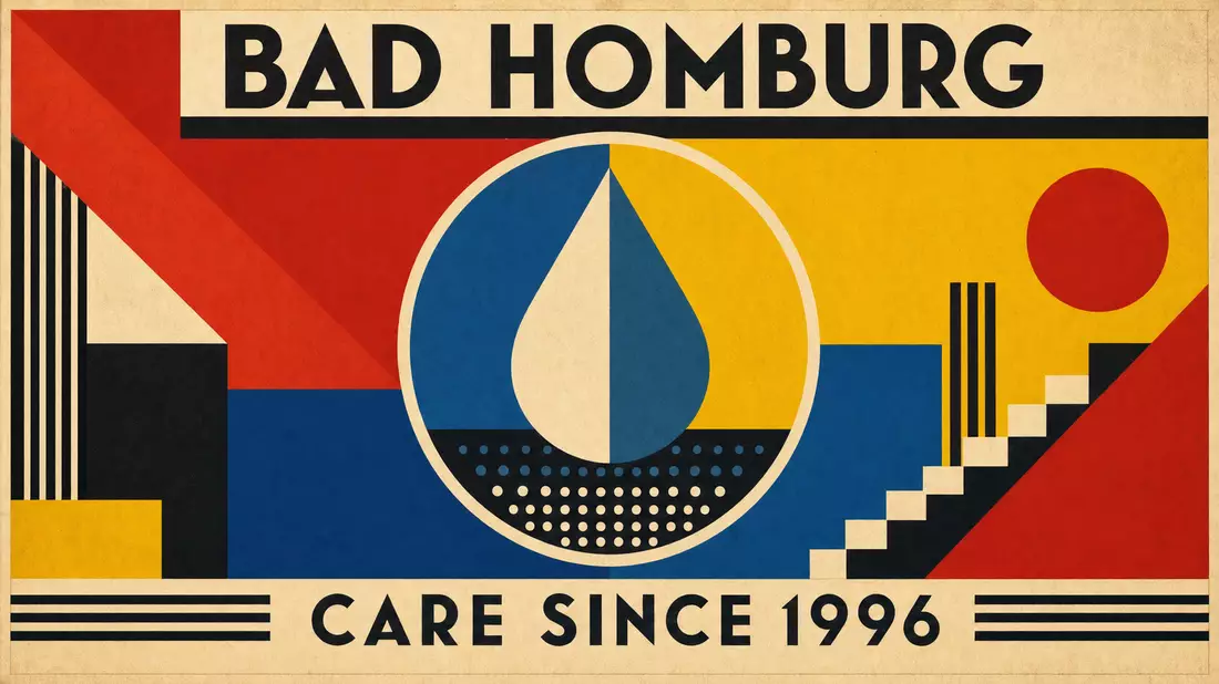 Vintage Bauhaus-Poster mit geometrischem Tropfen-Motiv, Aufschriften BAD HOMBURG und CARE SINCE 1996
