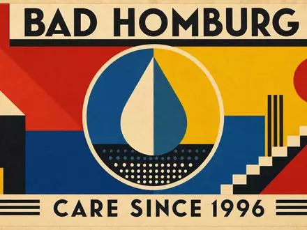 Ein geometrisches Bauhaus-Poster im Stil der 1920er Jahre mit Tropfen-Motiv, den Aufschriften 'BAD HOMBURG' und 'CARE SINCE 1996' – eine stilisierte Hommage an den Firmensitz und das Gründungsjahr der Fresenius Medical Care AG (ISIN DE0005785802) - Foto: THN