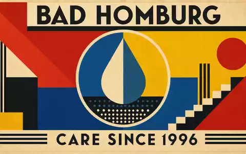 Ein geometrisches Bauhaus-Poster im Stil der 1920er Jahre mit Tropfen-Motiv, den Aufschriften 'BAD HOMBURG' und 'CARE SINCE 1996' – eine stilisierte Hommage an den Firmensitz und das Gründungsjahr der Fresenius Medical Care AG (ISIN DE0005785802) - Foto: THN