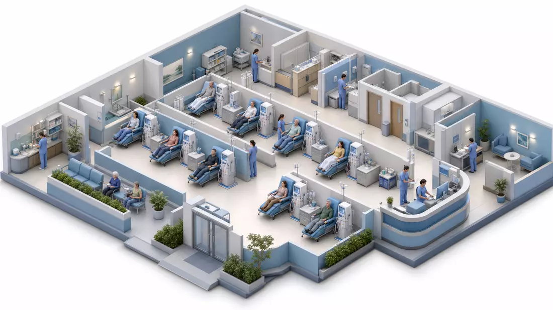 Isometrischer 3D-Render eines Dialysezentrums mit Patientenliegen, Maschinen und Personal