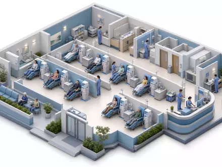 Ein isometrischer 3D-Render eines Miniatur-Dialysezentrums mit Patientenliegen, Geräten und Pflegepersonal – ein anschauliches Modell der Behandlungsstruktur, die Fresenius Medical Care AG (ISIN DE0005785802) weltweit betreibt - Foto: THN