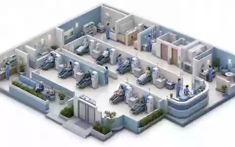 Ein isometrischer 3D-Render eines Miniatur-Dialysezentrums mit Patientenliegen, Geräten und Pflegepersonal – ein anschauliches Modell der Behandlungsstruktur, die Fresenius Medical Care AG (ISIN DE0005785802) weltweit betreibt - Foto: THN