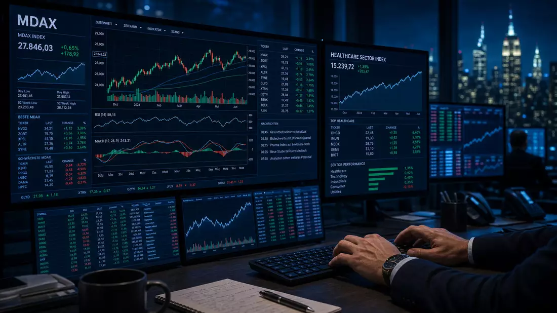 Trading-Monitore mit MDAX-Index und Healthcare-Sektorindex, Hände auf Tastatur im Vordergrund