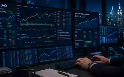 Eine Finanz-Editorial-Aufnahme mit Trading-Monitoren, MDAX-Kursdaten und einem Healthcare-Sektorindex – passend zum Börsenkontext der Fresenius Medical Care AG (ISIN DE0005785802) als MDAX-notiertes Medizintechnikunternehmen - Foto: THN