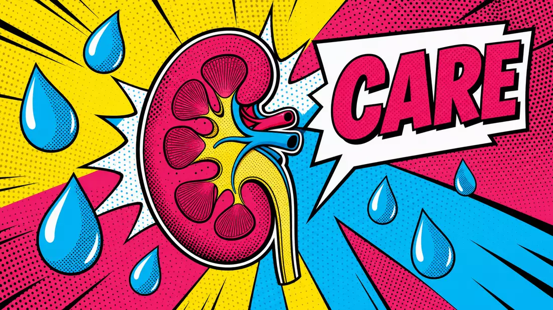 Pop-Art-Comic einer stilisierten Niere mit blauen Wassertropfen und Schriftzug CARE im Lichtenstein-