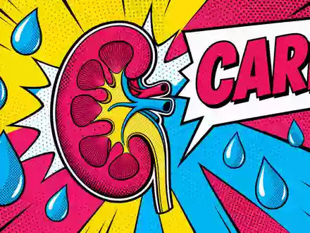 Eine lebhafte Pop-Art-Illustration einer stilisierten Niere mit blauen Wassertropfen und der Aufschrift 'CARE' im Comic-Sprechblasen-Stil – eine kreative Interpretation des Kernthemas von Fresenius Medical Care AG (ISIN DE0005785802) - Foto: THN