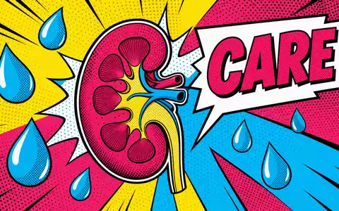 Eine lebhafte Pop-Art-Illustration einer stilisierten Niere mit blauen Wassertropfen und der Aufschrift 'CARE' im Comic-Sprechblasen-Stil – eine kreative Interpretation des Kernthemas von Fresenius Medical Care AG (ISIN DE0005785802) - Foto: THN