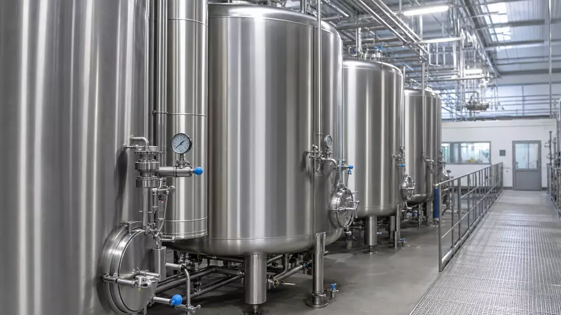 Edelstahl-Milchtanks mit Rohren in einer modernen Fabrikhalle