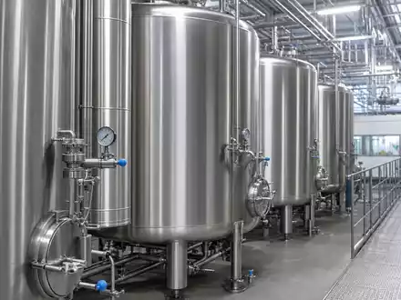 Fotorealistisches Innenbild einer modernen Lebensmittelverarbeitungsanlage mit einer Reihe polierter Edelstahl-Milchtanks, Rohrsystemen und Industriearmaturen – passend zur Produktwelt der GEA Group AG (ISIN DE0006602006) im Bereich Nahrungsmitteltechnik. - Foto: THN