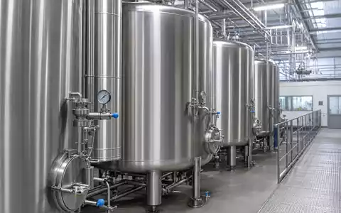 Fotorealistisches Innenbild einer modernen Lebensmittelverarbeitungsanlage mit einer Reihe polierter Edelstahl-Milchtanks, Rohrsystemen und Industriearmaturen – passend zur Produktwelt der GEA Group AG (ISIN DE0006602006) im Bereich Nahrungsmitteltechnik. - Foto: THN