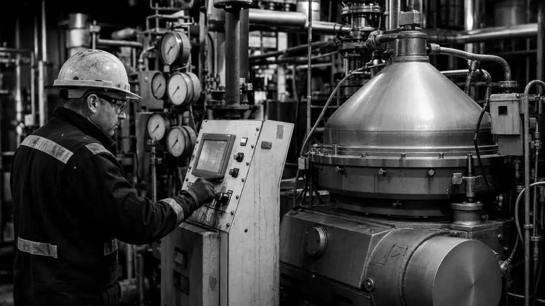 Anlagentechniker mit Schutzhelm inspiziert Separator-Maschine, Schwarzweiß