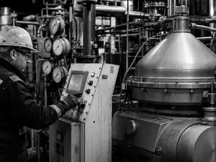 Schwarzweiß-Reportagefoto eines Anlagentechnikers mit Schutzhelm und Schutzbrille bei der Inspektion eines industriellen Zentrifugalseparators – ein authentisches Bild aus dem Maschinenbaualltag, wie ihn die GEA Group AG (ISIN DE0006602006) täglich gestaltet - Foto: THN