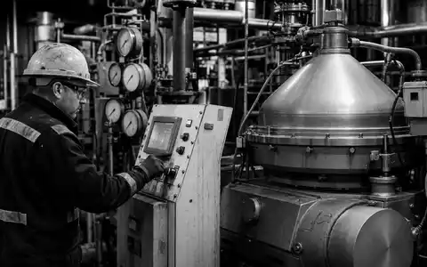 Schwarzweiß-Reportagefoto eines Anlagentechnikers mit Schutzhelm und Schutzbrille bei der Inspektion eines industriellen Zentrifugalseparators – ein authentisches Bild aus dem Maschinenbaualltag, wie ihn die GEA Group AG (ISIN DE0006602006) täglich gestaltet - Foto: THN