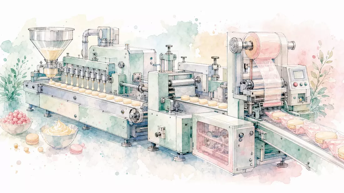 Aquarell-Illustration einer Lebensmittelmaschine mit Förderband in Pastellfarben