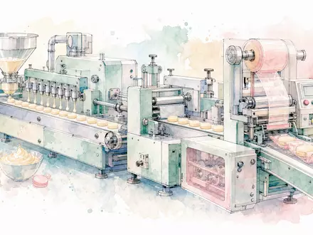 Zarte Aquarell-Illustration einer stilisierten Lebensmittelverarbeitungsmaschine mit Förderband und Abfüllstation in pastelligen Tönen – eine künstlerische Interpretation der Produktionstechnik, für die die GEA Group AG (ISIN DE0006602006) weltweit bekannt ist - Foto: THN