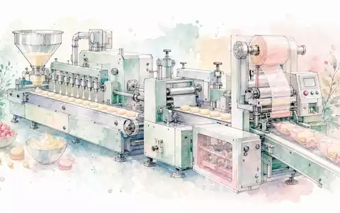 Zarte Aquarell-Illustration einer stilisierten Lebensmittelverarbeitungsmaschine mit Förderband und Abfüllstation in pastelligen Tönen – eine künstlerische Interpretation der Produktionstechnik, für die die GEA Group AG (ISIN DE0006602006) weltweit bekannt ist - Foto: THN