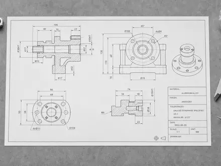 Top-down-Flatlay einer technischen Konstruktionszeichnung mit Schraubenschlüssel, Edelstahlmuttern, Schrauben, Schutzbrille und Messschieber auf grauer Betonoberfläche – Werkzeuge des Maschineningenieurwesens, Kernkompetenz der GEA Group AG (ISIN DE0006602006) - Foto: THN