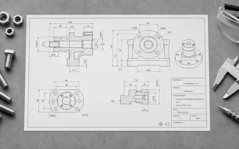 Top-down-Flatlay einer technischen Konstruktionszeichnung mit Schraubenschlüssel, Edelstahlmuttern, Schrauben, Schutzbrille und Messschieber auf grauer Betonoberfläche – Werkzeuge des Maschineningenieurwesens, Kernkompetenz der GEA Group AG (ISIN DE0006602006). - Foto: THN