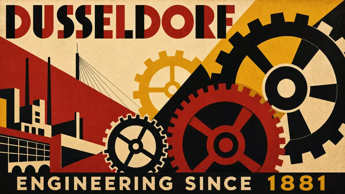 Bauhaus-Poster mit Zahnrädern und Aufschrift DUSSELDORF ENGINEERING SINCE 1881