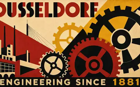 Vintage-Bauhaus-Poster im konstruktivistischen Stil der 1920er-Jahre mit geometrischen Zahnrädern, Industriegebäude und der Aufschrift 'DUSSELDORF – ENGINEERING SINCE 1881' – eine Hommage an die Ingenieursgeschichte, in der auch die GEA Group AG (ISIN DE0006602006) verwurzelt ist - Foto: THN