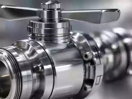 Extreme Nahaufnahme einer hochpolierten Edelstahl-Ventilarmatur mit Gewindeanschlüssen und Kugelventilhebel – ein Präzisionsbauteil aus dem Bereich der hygienischen Prozesstechnik, Kerngeschäft der GEA Group AG (ISIN DE0006602006) - Foto: THN