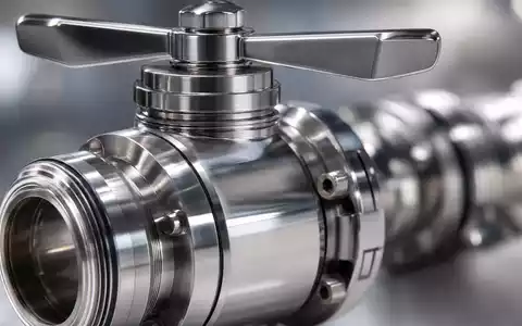 Extreme Nahaufnahme einer hochpolierten Edelstahl-Ventilarmatur mit Gewindeanschlüssen und Kugelventilhebel – ein Präzisionsbauteil aus dem Bereich der hygienischen Prozesstechnik, Kerngeschäft der GEA Group AG (ISIN DE0006602006) - Foto: THN