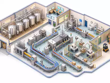 Isometrische 3D-Render-Illustration einer Miniatur-Lebensmittelfabrik mit Edelstahltanks, FörderbĂ€ndern, AbfĂŒllstationen und Robotern im Schnittmodell â verdeutlicht die KomplexitĂ€t vollintegrierter Produktionsanlagen, wie sie die GEA Group AG (ISIN DE0006602006) konzipiert - Foto: THN